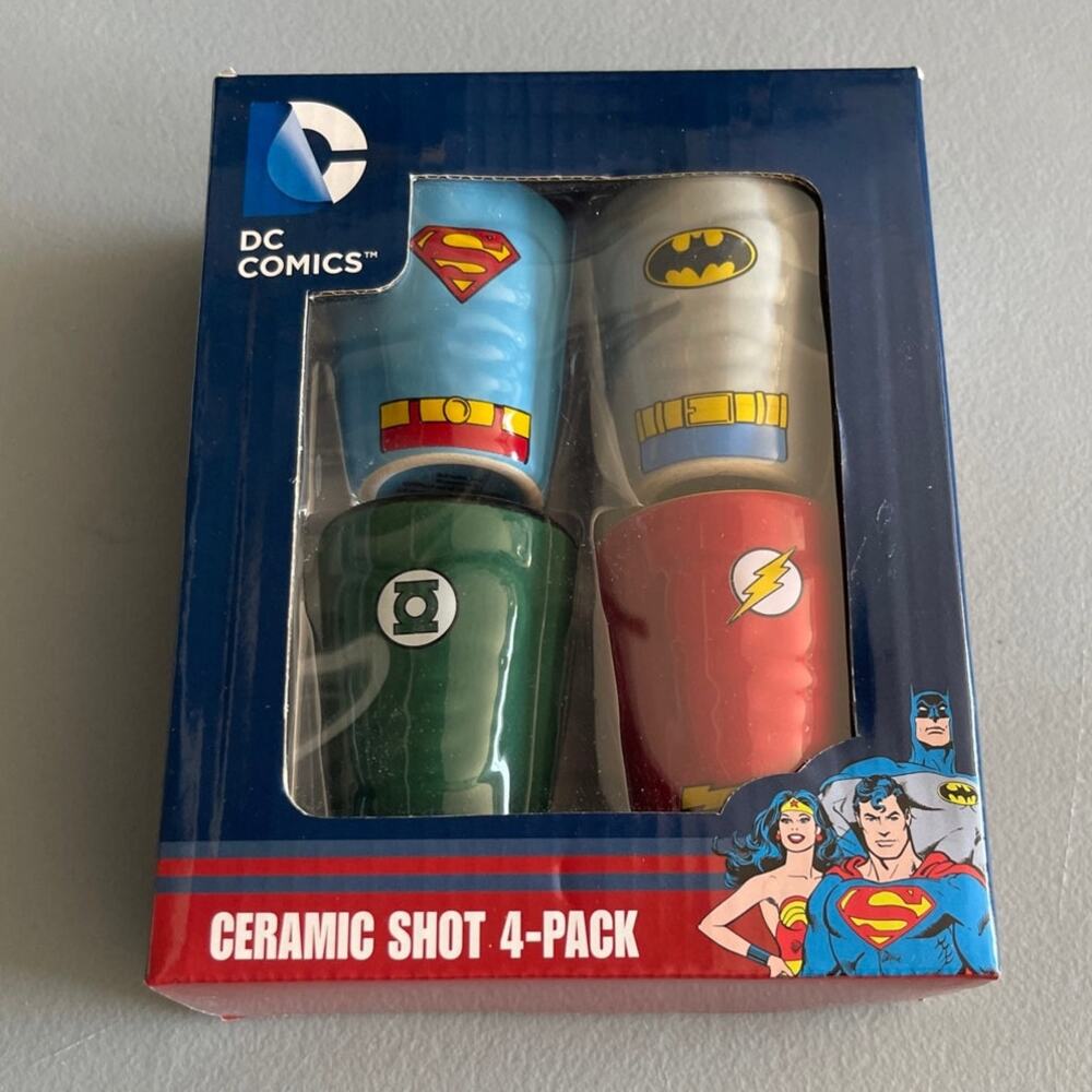 NWT DC Comics Heroes Molded Ceramic Shot Glasses 4 Pack Iconic Super Heroes